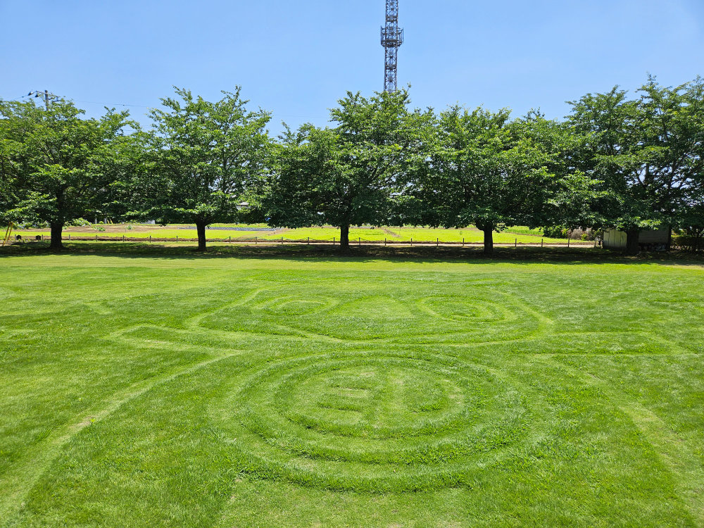 船穂コミュニティセンターの芝生アートいんザイ君
